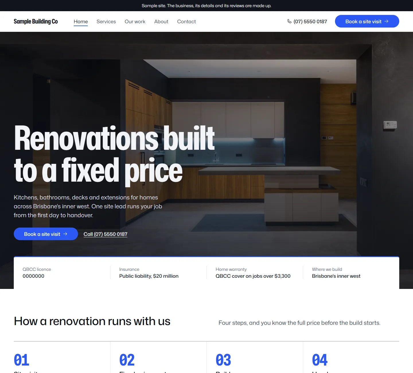 Home page of the Bluestone template, on a sample business