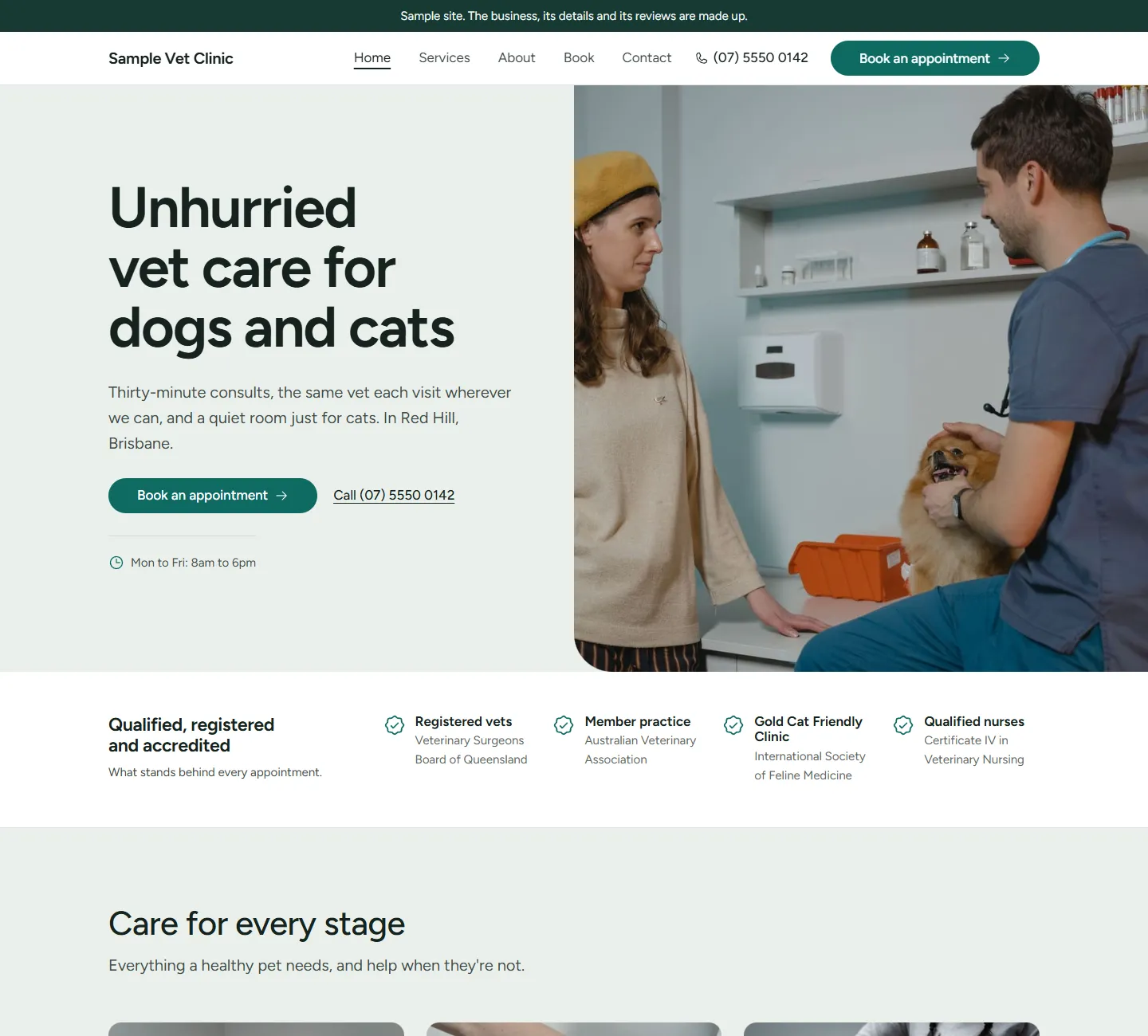 Home page of the Willow template, on a sample business