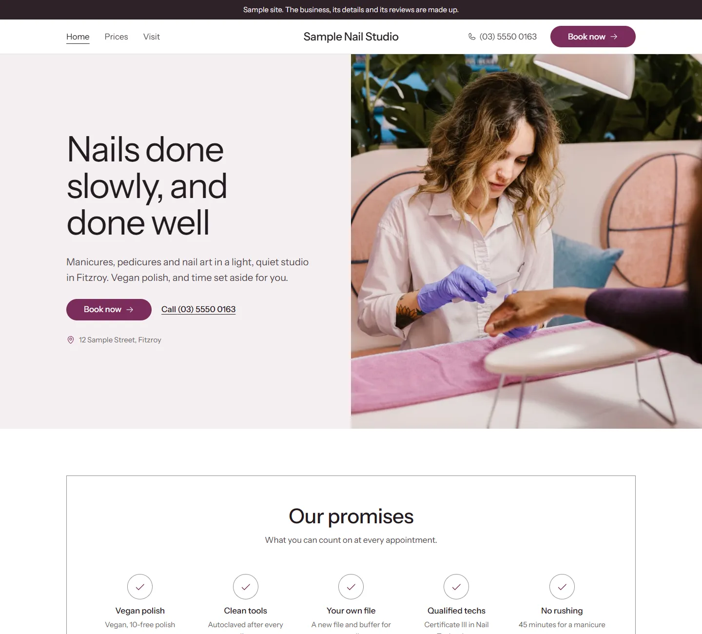 Home page of the Juniper template, on a sample business