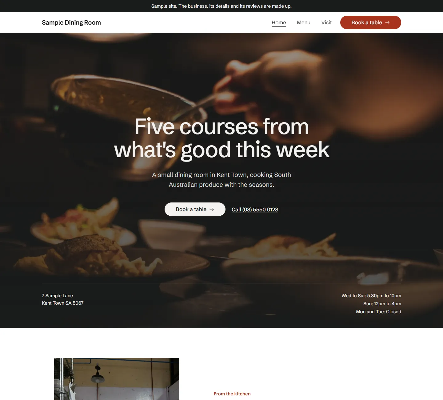Home page of the Cellar template, on a sample business