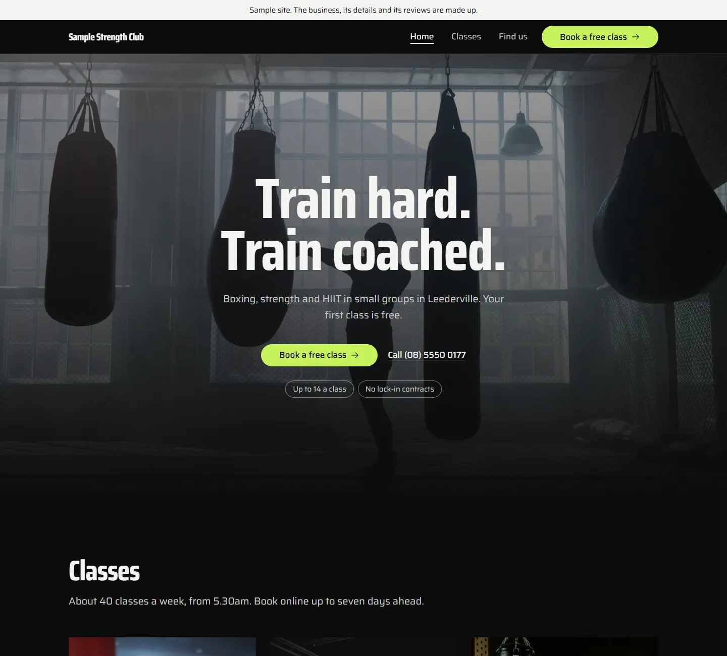 Home page of the Ironbark template, on a sample business