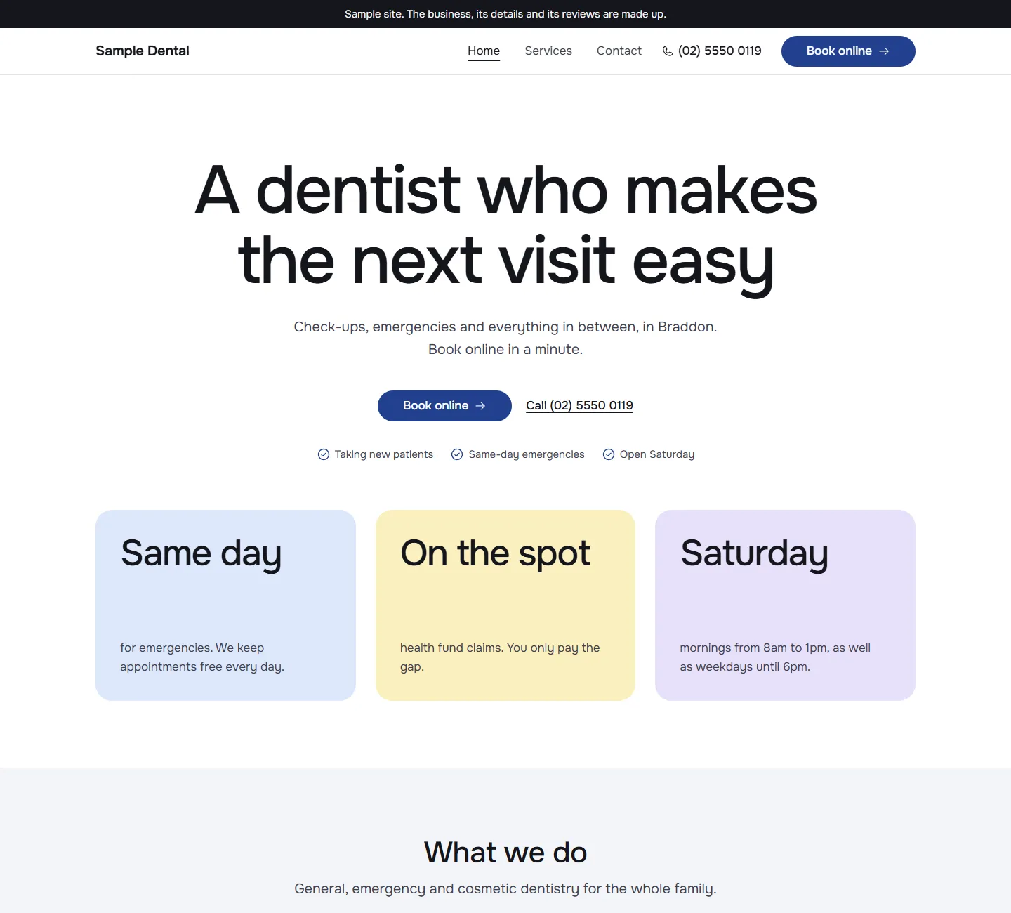 Home page of the Clover template, on a sample business