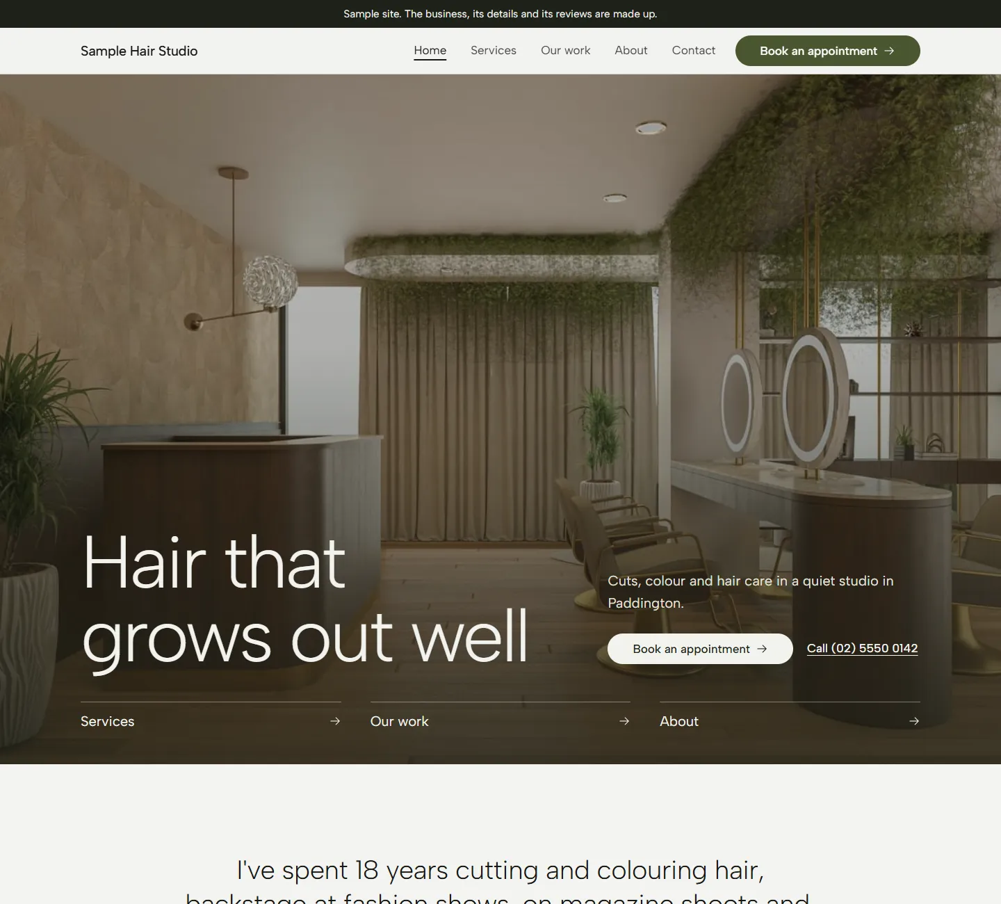 Home page of the Magnolia template, on a sample business