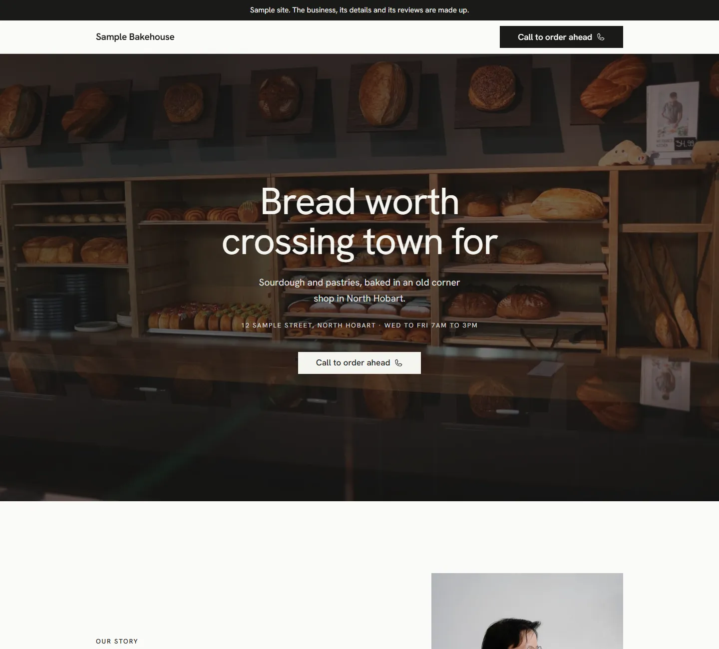 Home page of the Wattle template, on a sample business