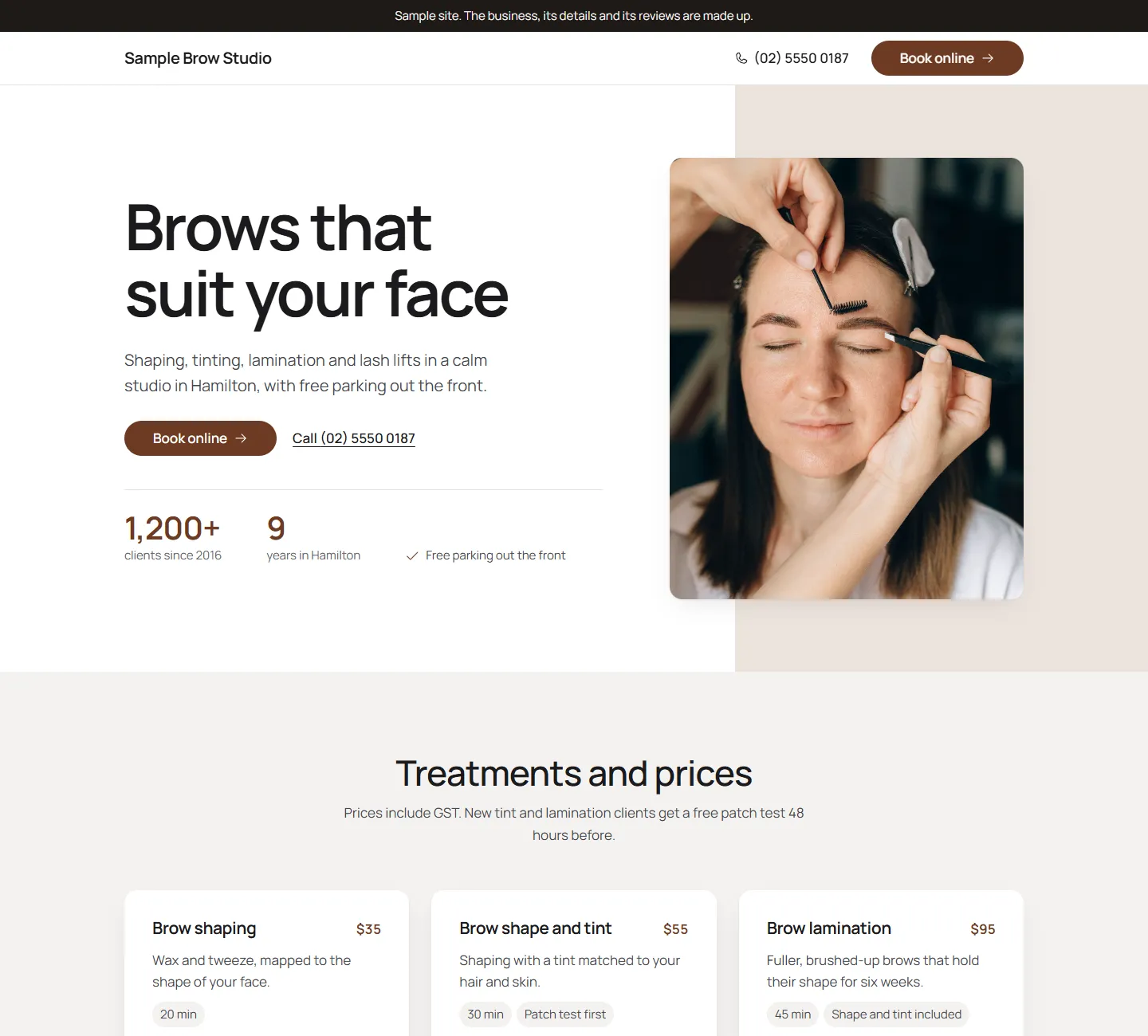 Home page of the Saltbush template, on a sample business