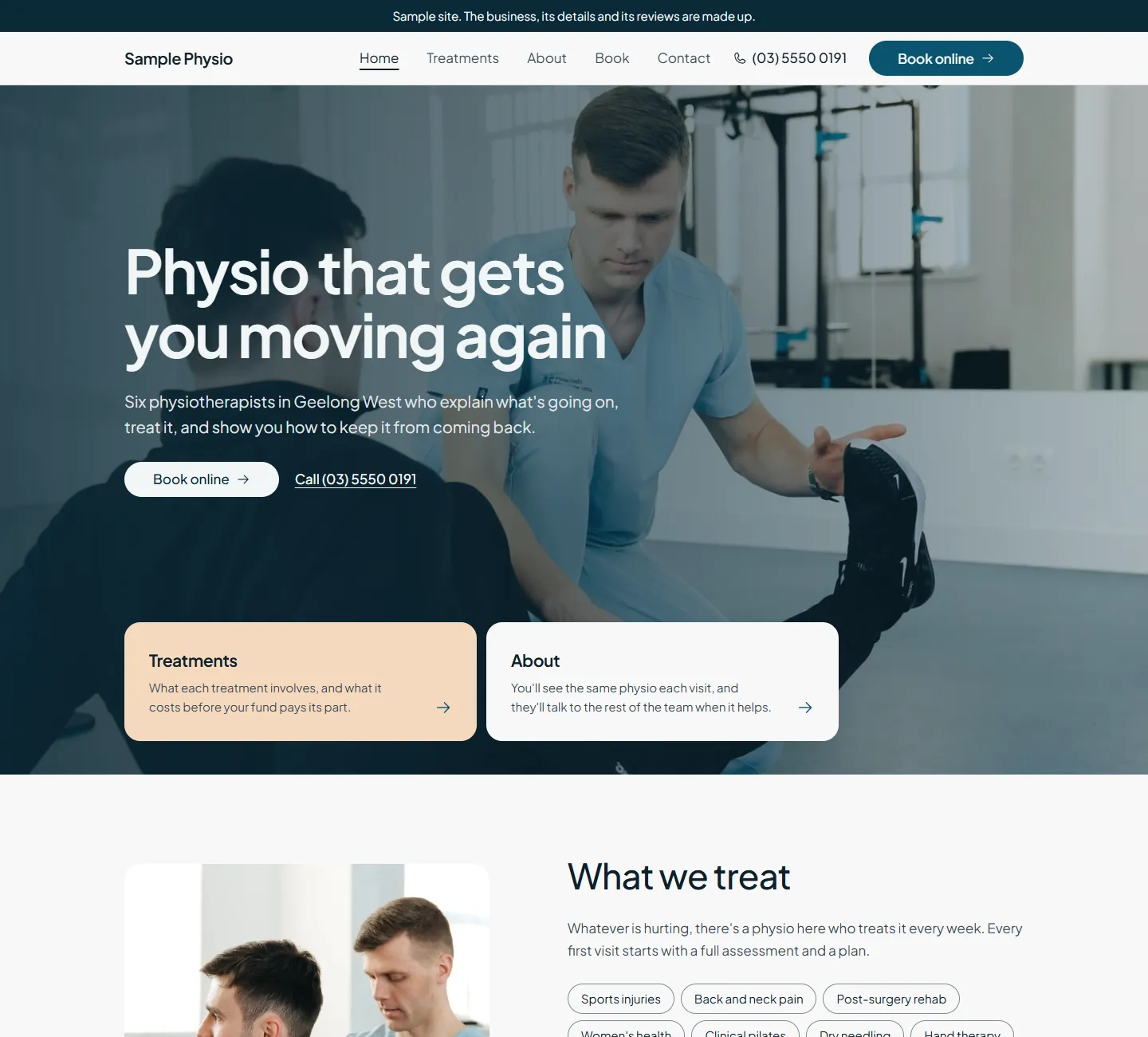 Home page of the Banksia template, on a sample business