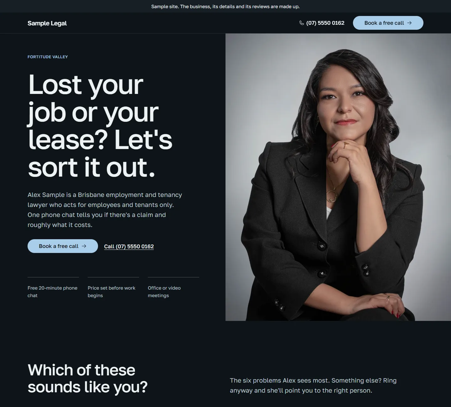 Home page of the Jarrah template, on a sample business