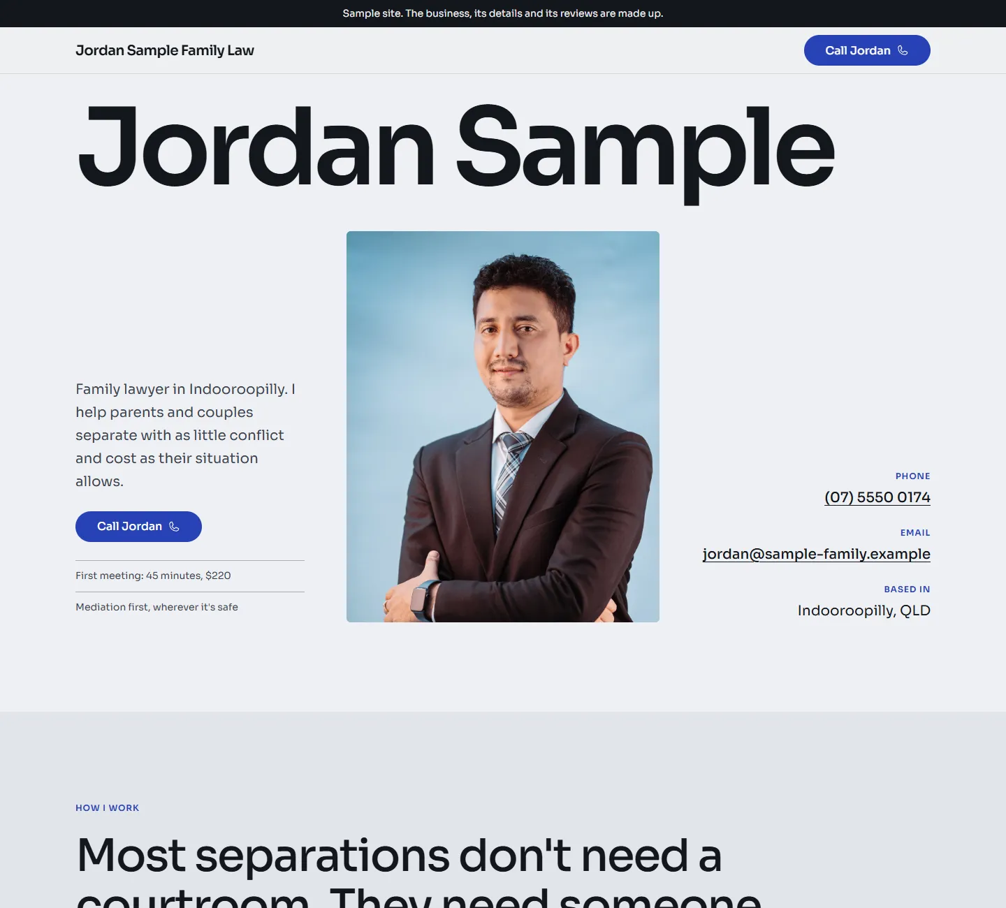 Home page of the Karri template, on a sample business