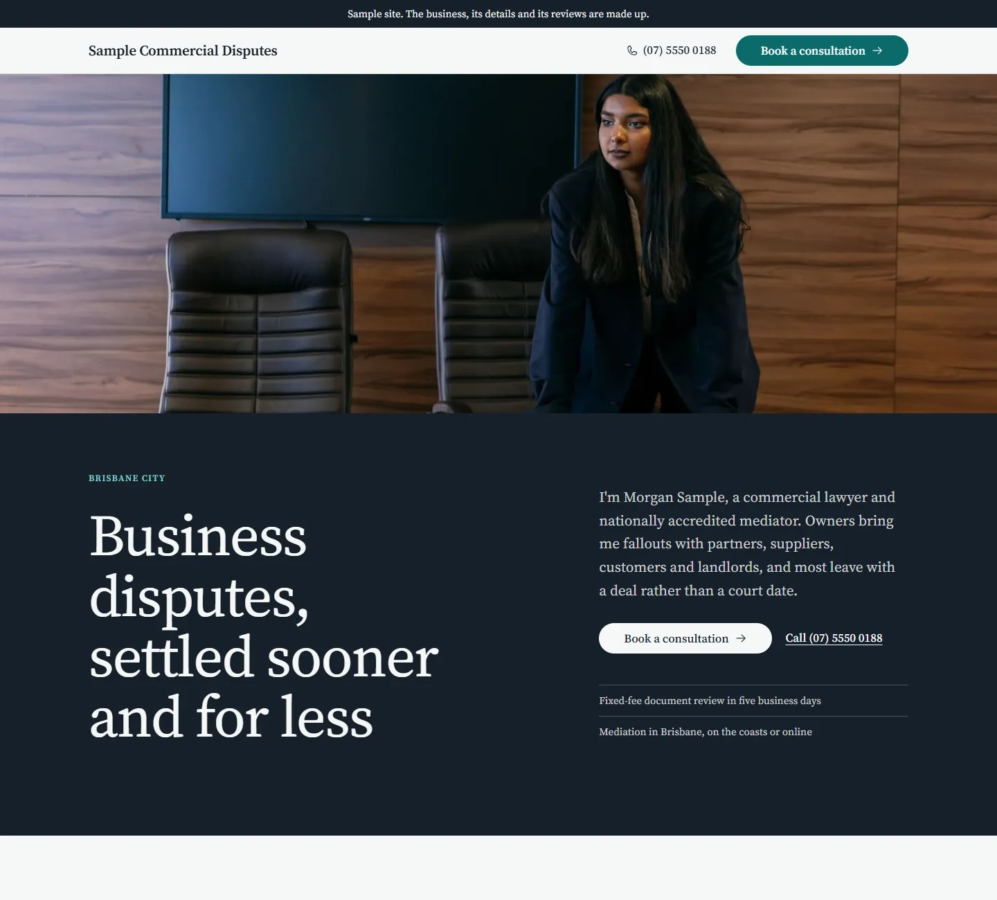 Home page of the Blackwood template, on a sample business