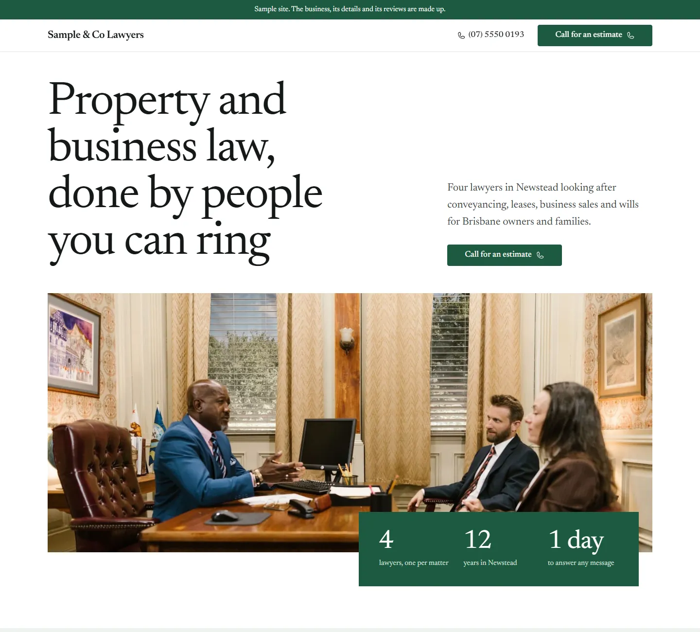 Home page of the Marri template, on a sample business