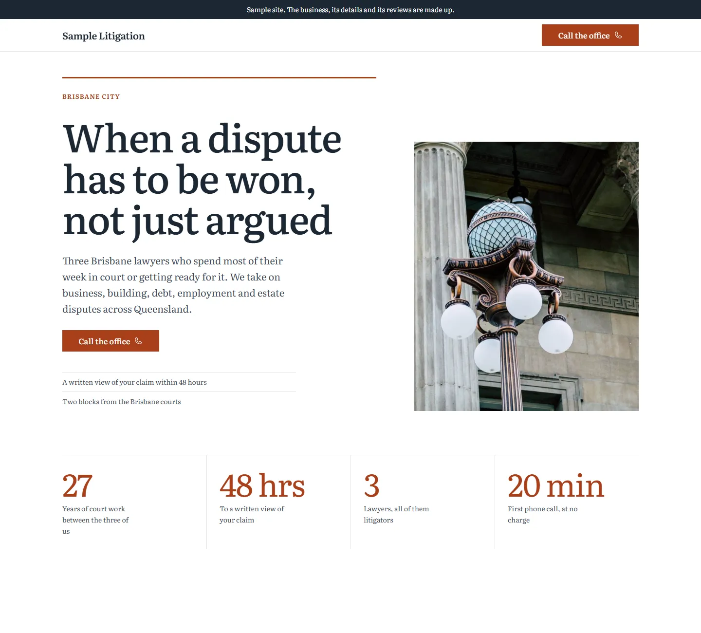 Home page of the Tuart template, on a sample business