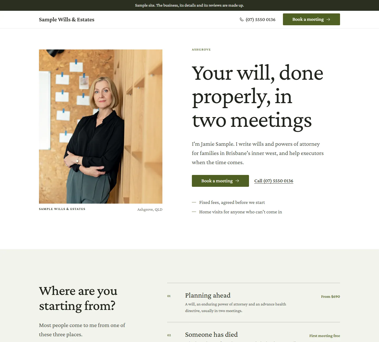Home page of the Myrtle template, on a sample business