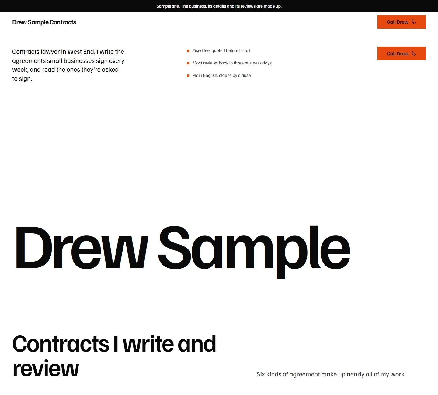 Home page of the Hakea template, on a sample business