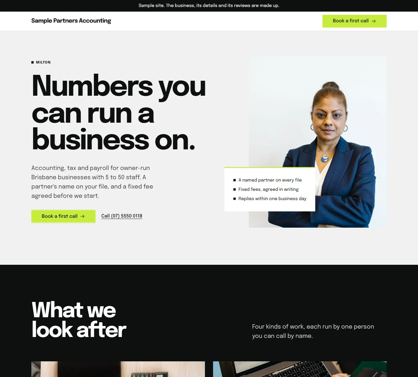 Home page of the Acacia template, on a sample business