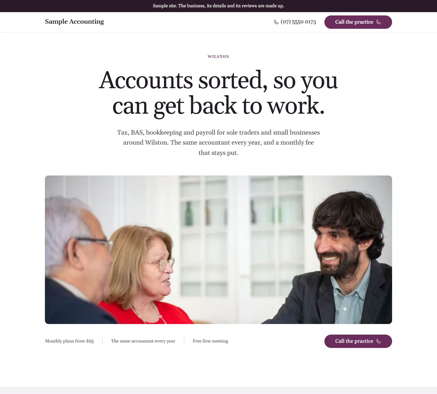 Home page of the Lomandra template, on a sample business