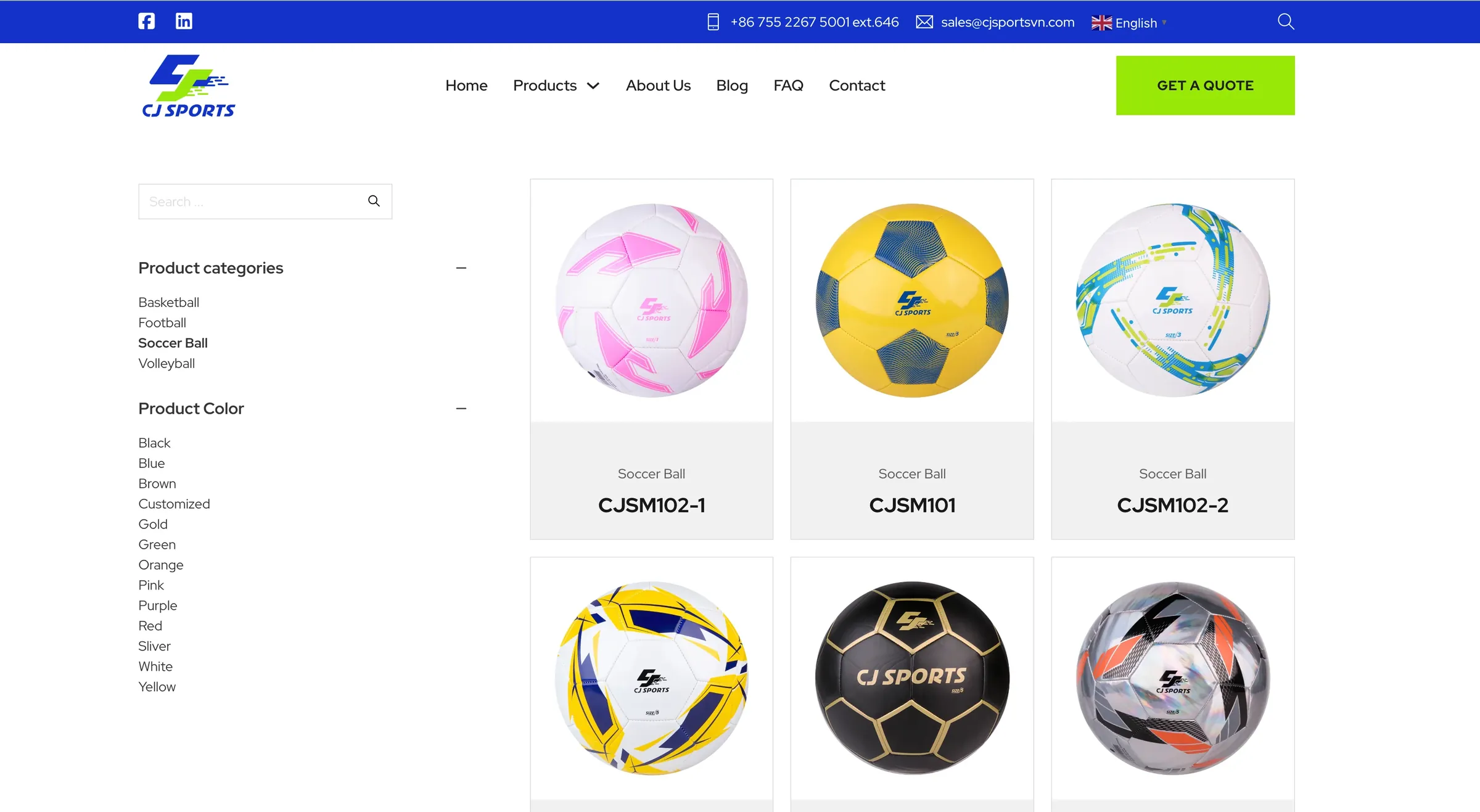 CJ Sports product catalogue with category and colour filters
