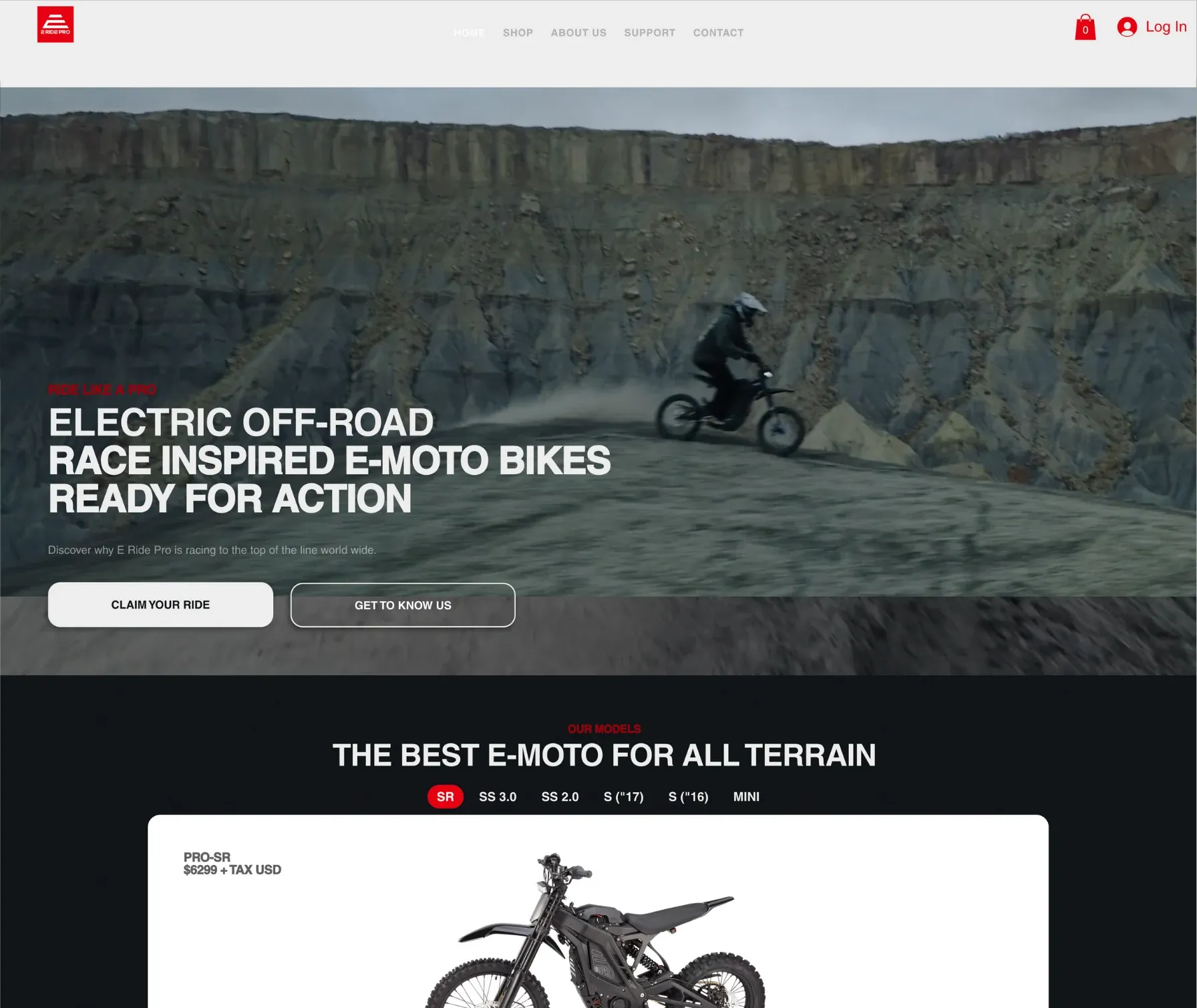 E Ride Pro home page with the model range below the hero