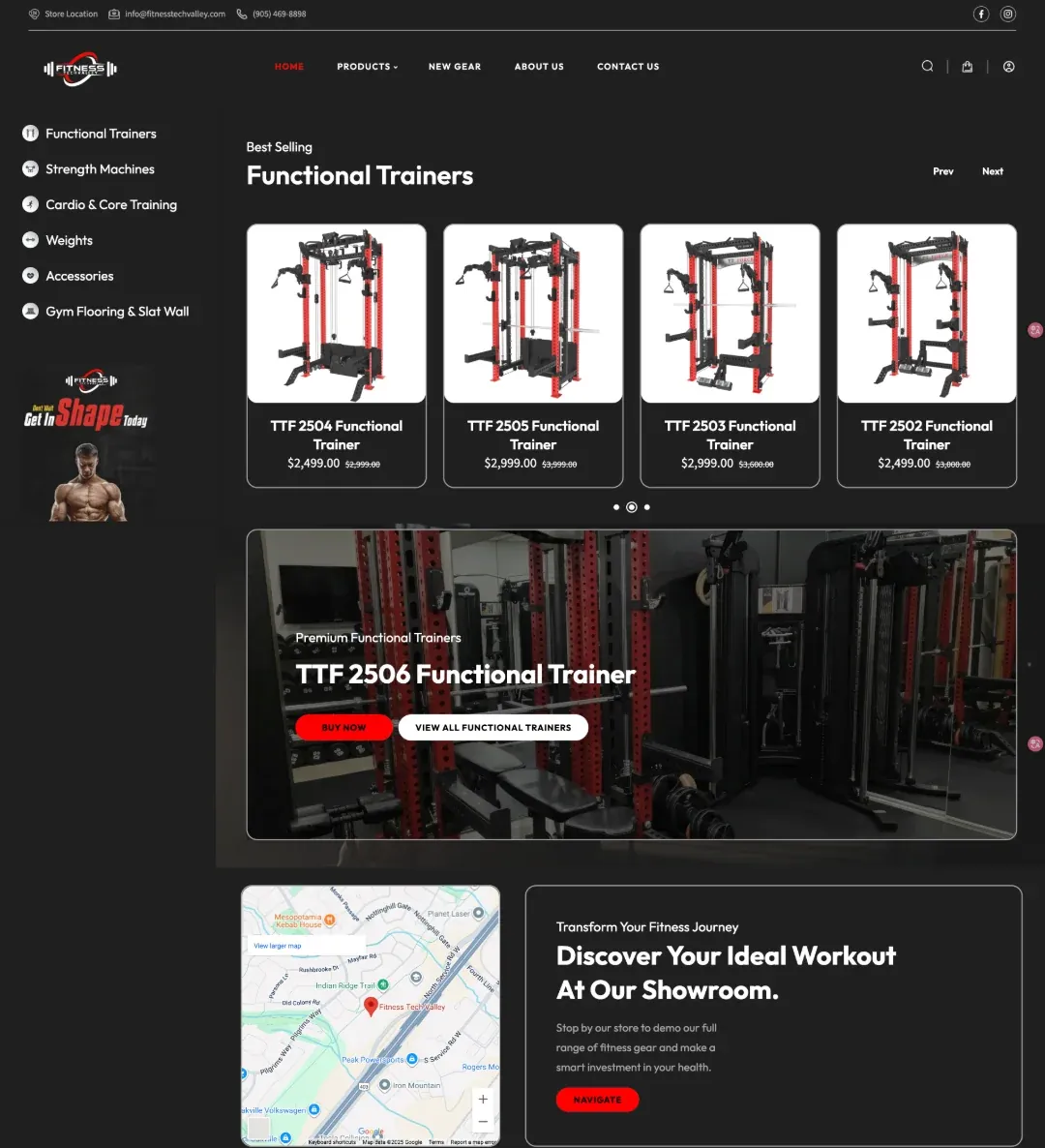 Fitness Tech Valley home page with functional trainers and a showroom map