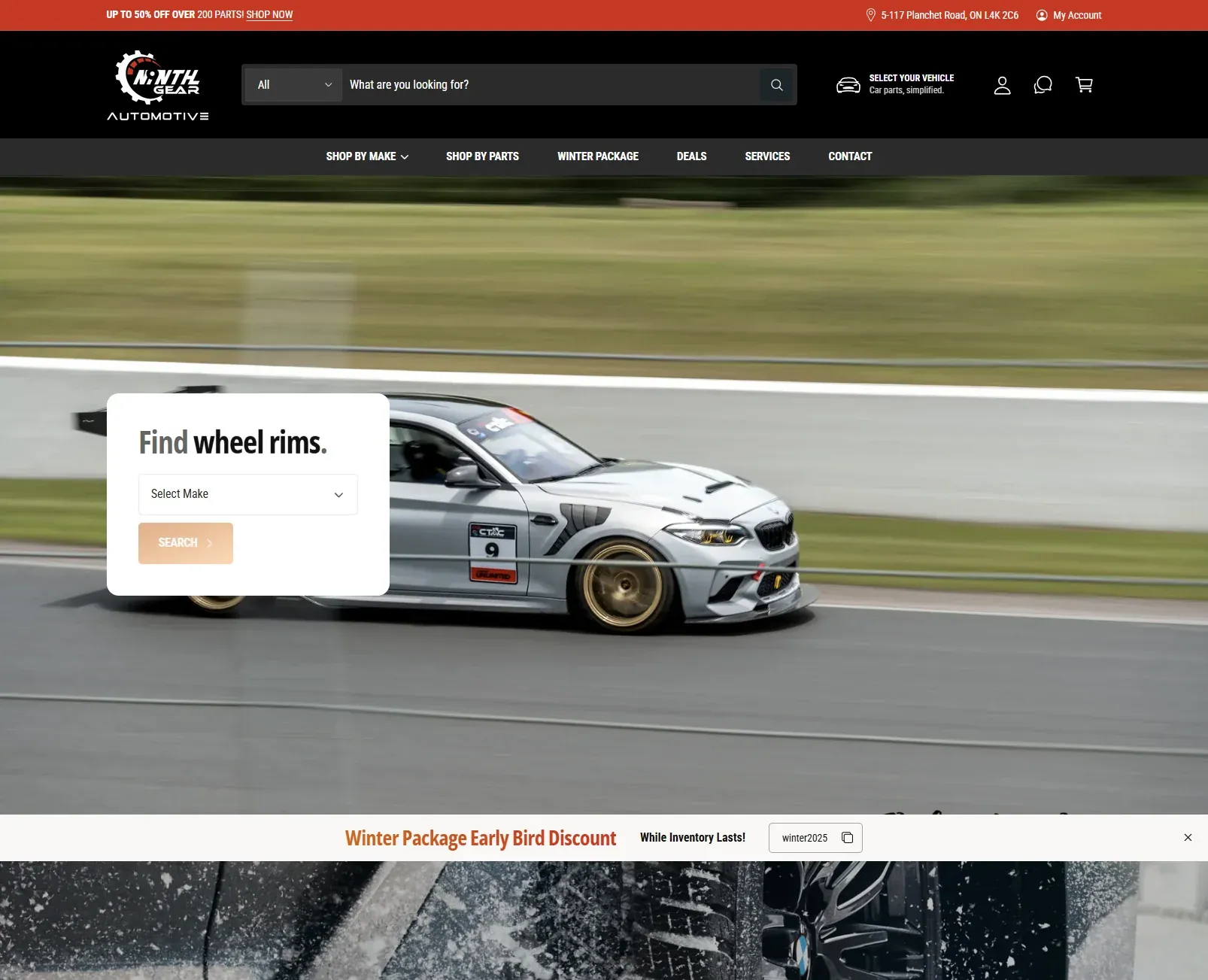 Ninth Gear Auto home page with the wheel finder