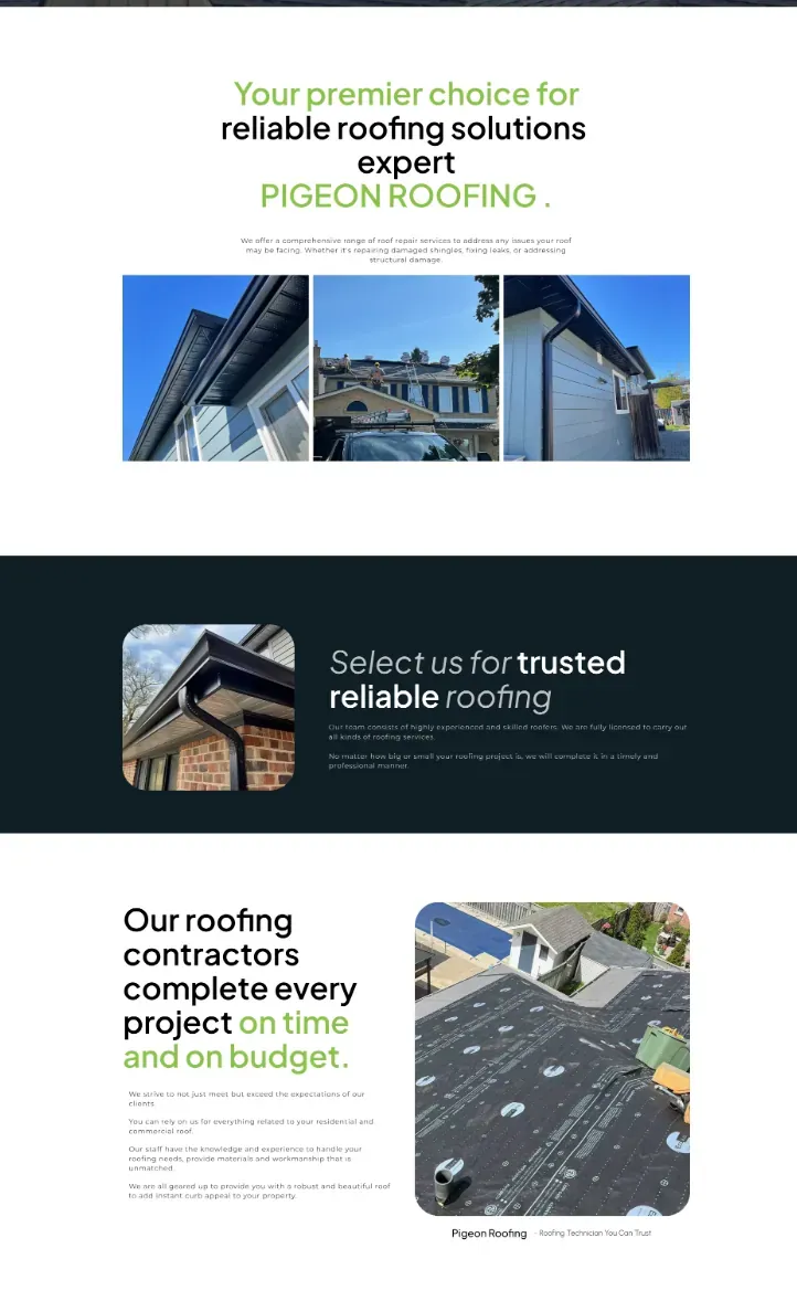 Pigeon Roofing page sections with photos of finished roofs