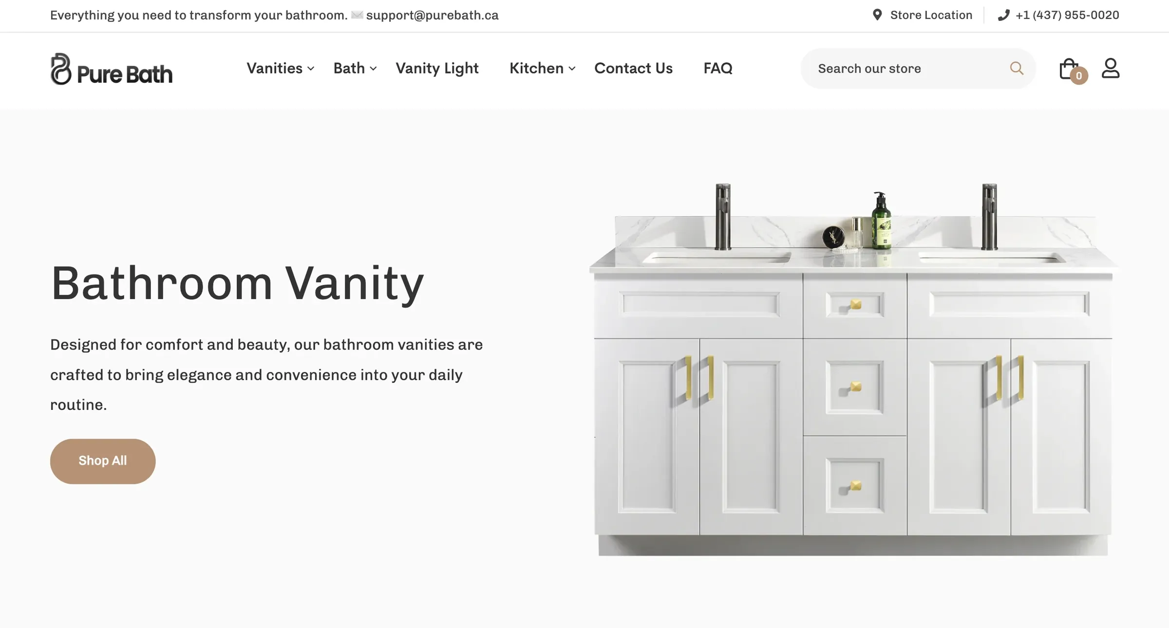 Pure Bath home page with a bathroom vanity