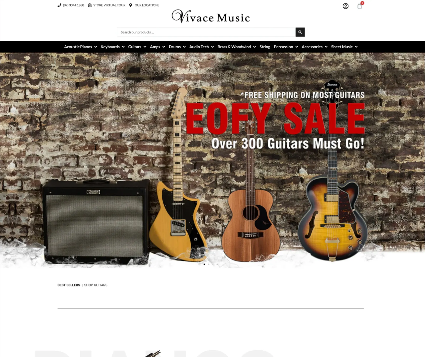 Vivace Music home page with a guitar sale banner