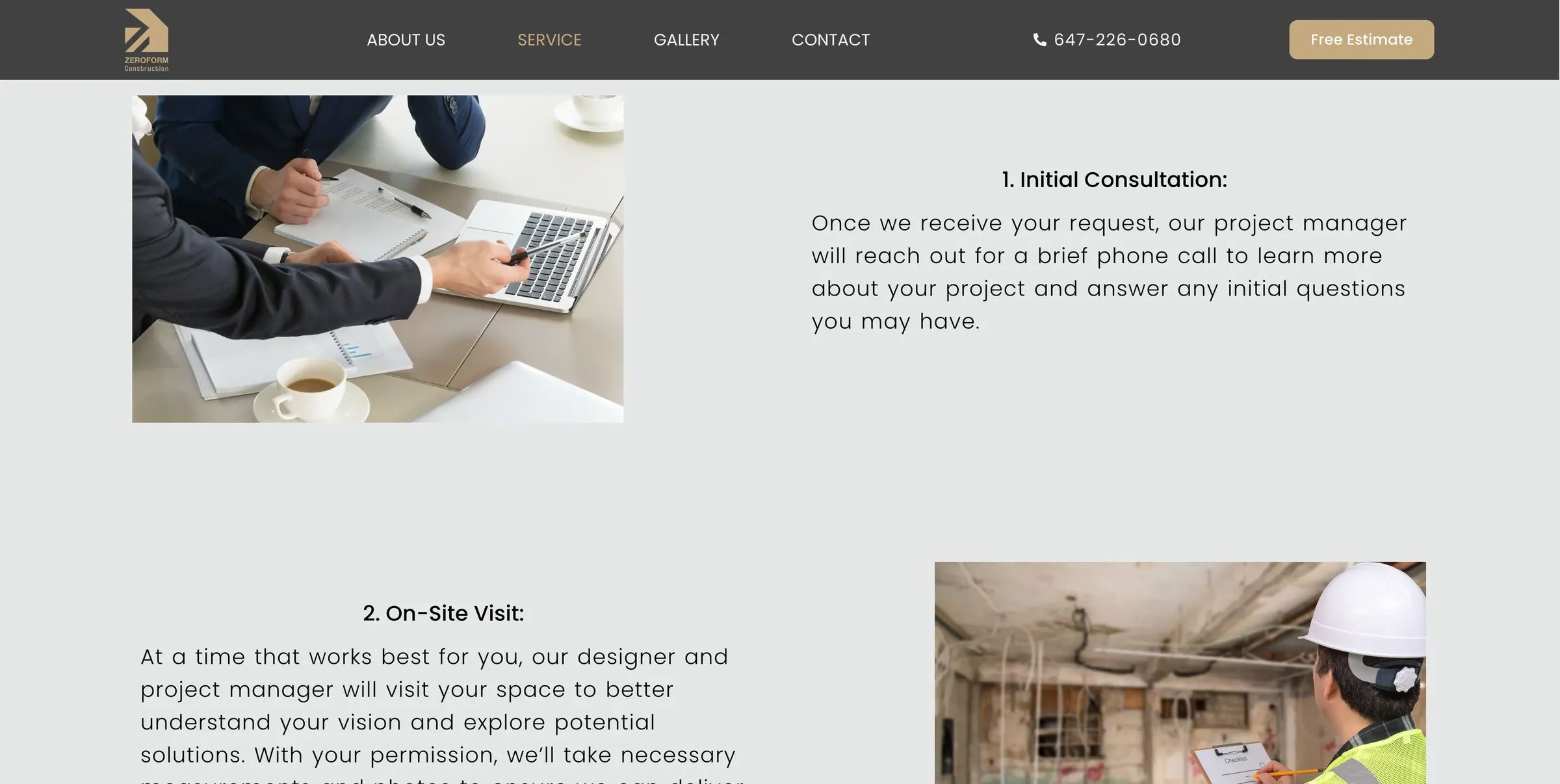 Zero Form service page with the consultation and site visit steps